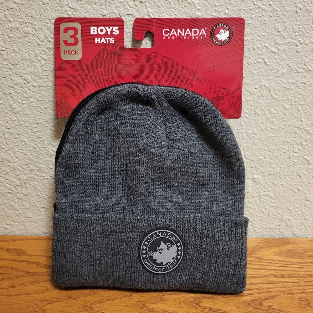 NWT Canada Weathergear 3 Pack Boys Knit Beanie Hats - Black and Gray